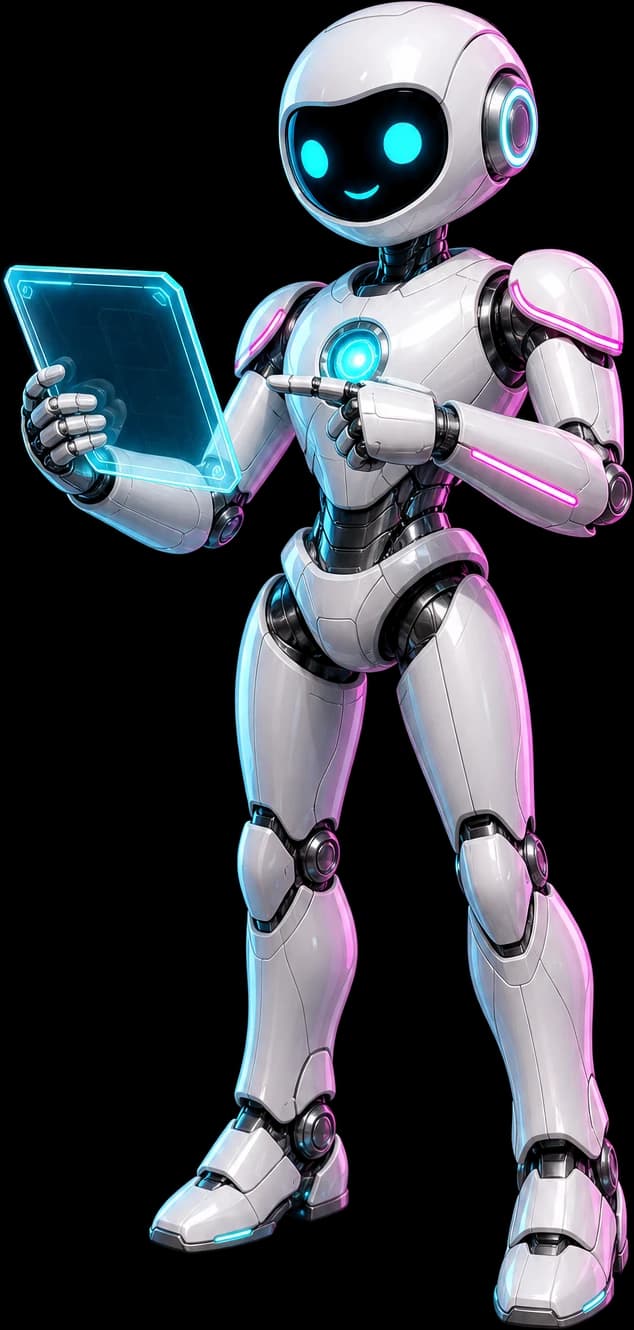 GRC robot mascot holding a holographic tablet